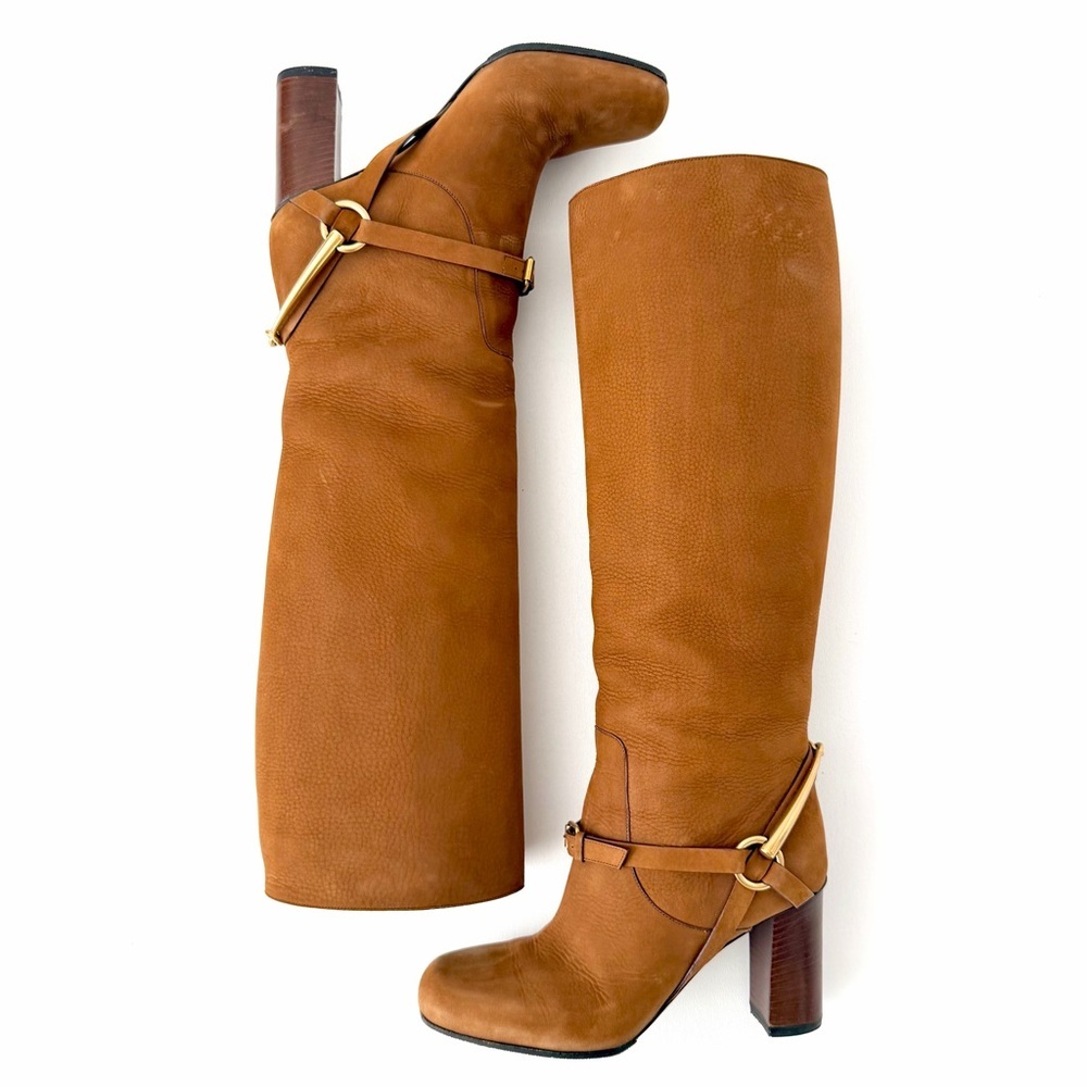 GUCCI | Vintage Brown Nubuck Horsebit Knee High Heel Boots Size 37 - Picture 10 of 16
